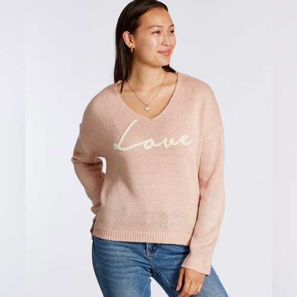 Mia & Tess Sweaters - Mia & Tess “ Love” V Neck Knit Long Sleeve Rose Sweater Womens Large